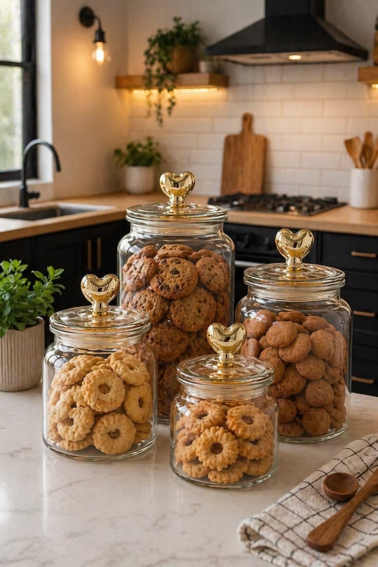 Potes de vidro com biscoitos e puxadores dourados