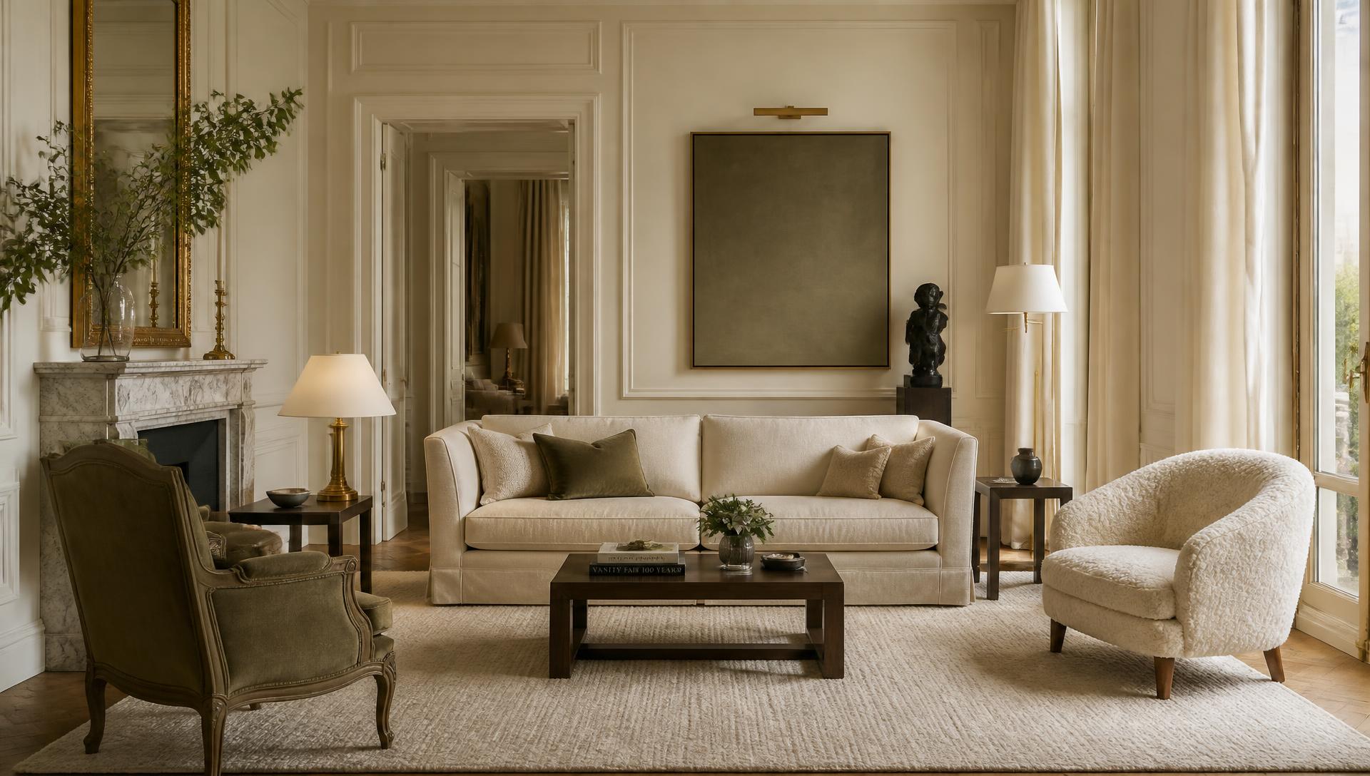 Sala de estar clássica e elegante em tons neutros